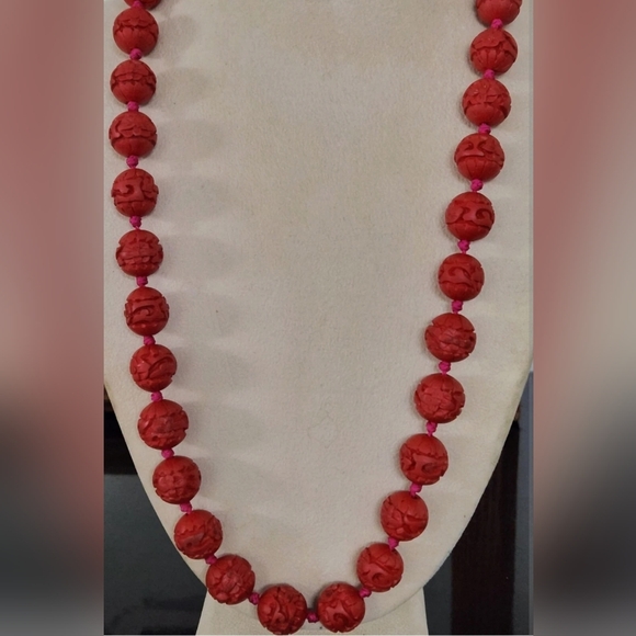 Antique 1930s Art Deco Chinese Carved Cinnebar Beaded Knotted Necklace - Picture 2 of 4